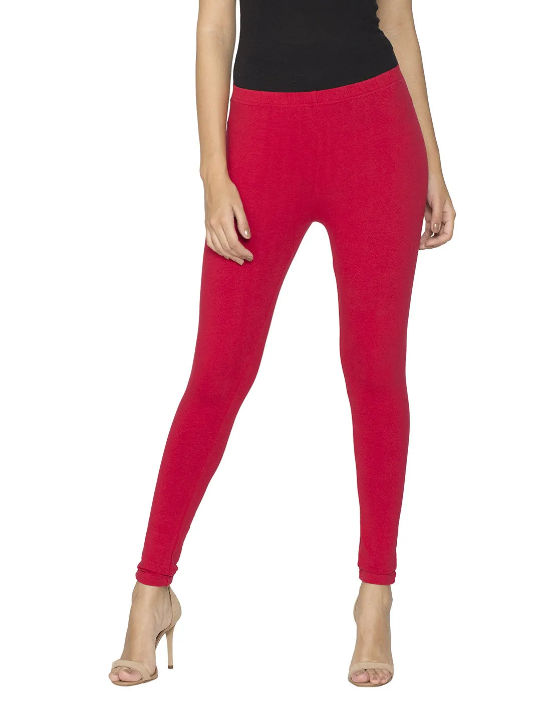 Libertina Red Solid Jersey Lycra Ankle Leggings for Women