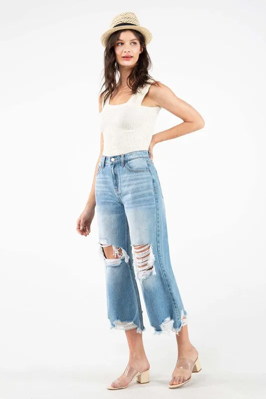 Medium Blue High Rise Crop Straight Women Jeans