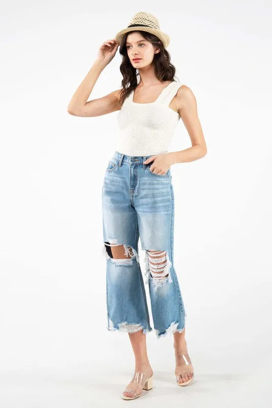Medium Blue High Rise Crop Straight Women Jeans