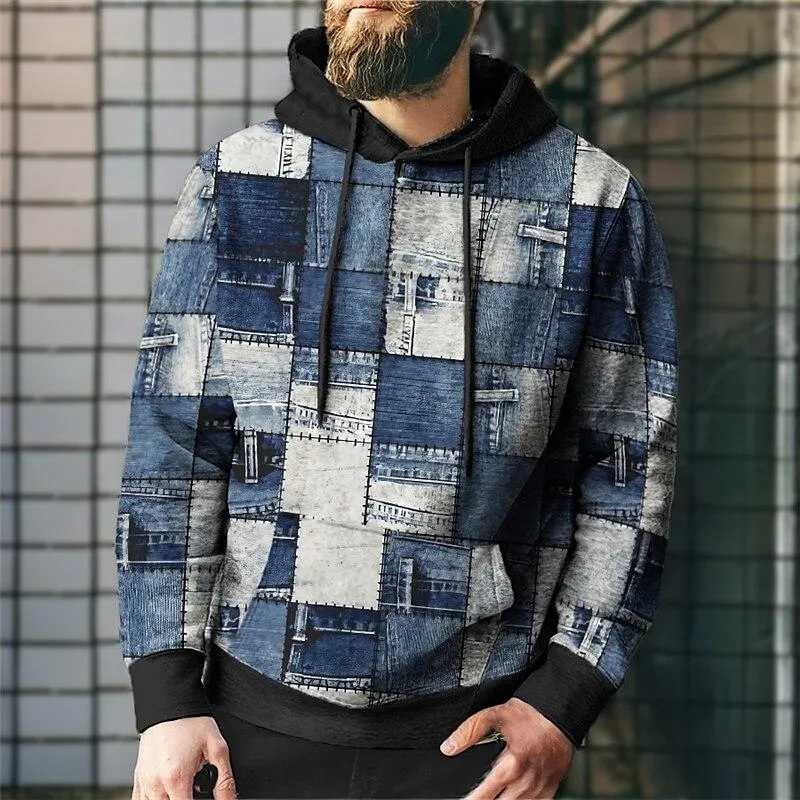 Men's Denim Patchwork Printed Casual Hoodie 69842201YY