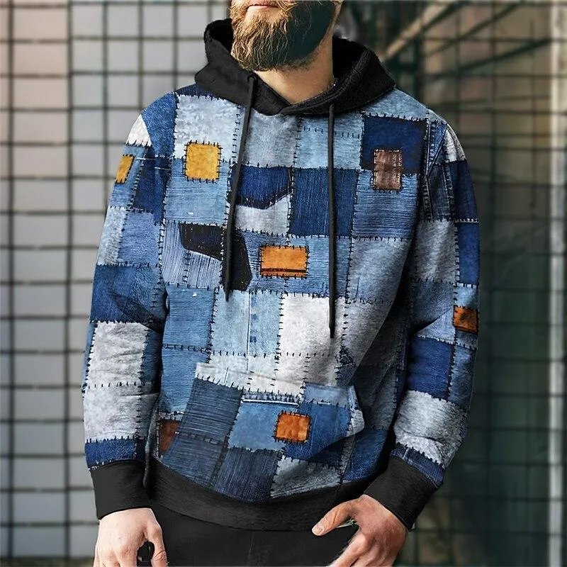 Men's Denim Patchwork Printed Casual Hoodie 69842201YY