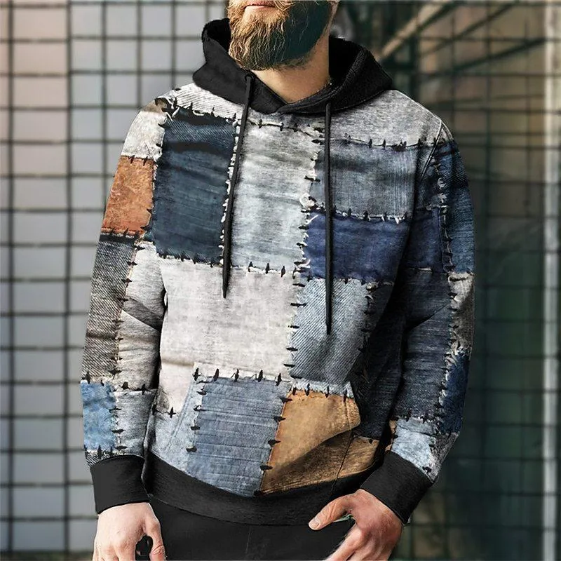 Men's Denim Patchwork Printed Casual Hoodie 69842201YY