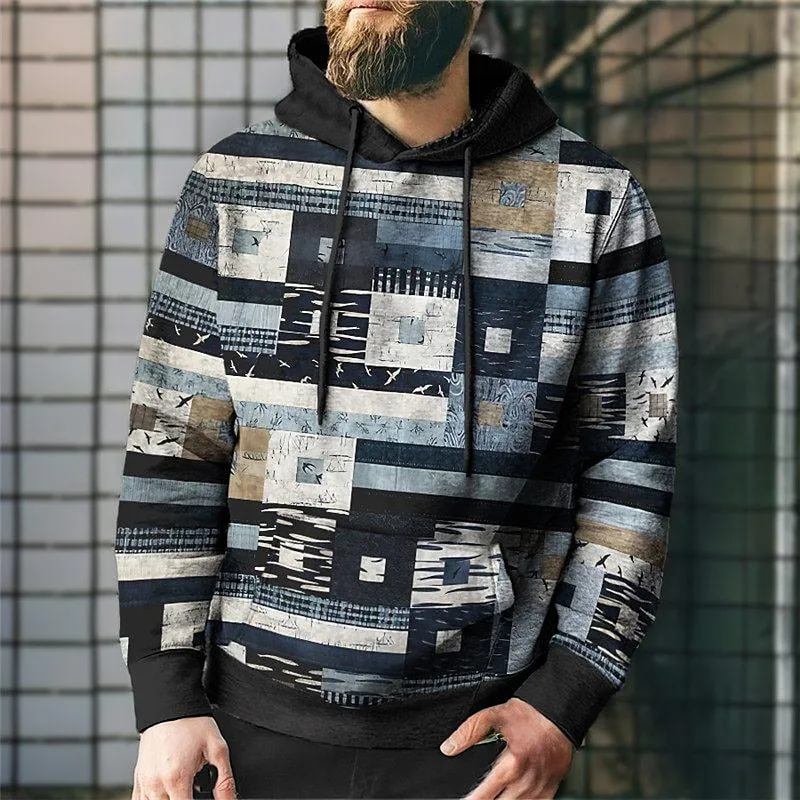 Men's Denim Patchwork Printed Casual Hoodie 69842201YY