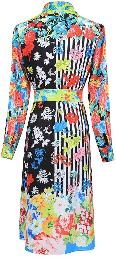 Multi Colored Floral Striped Printed Shirt-Dress