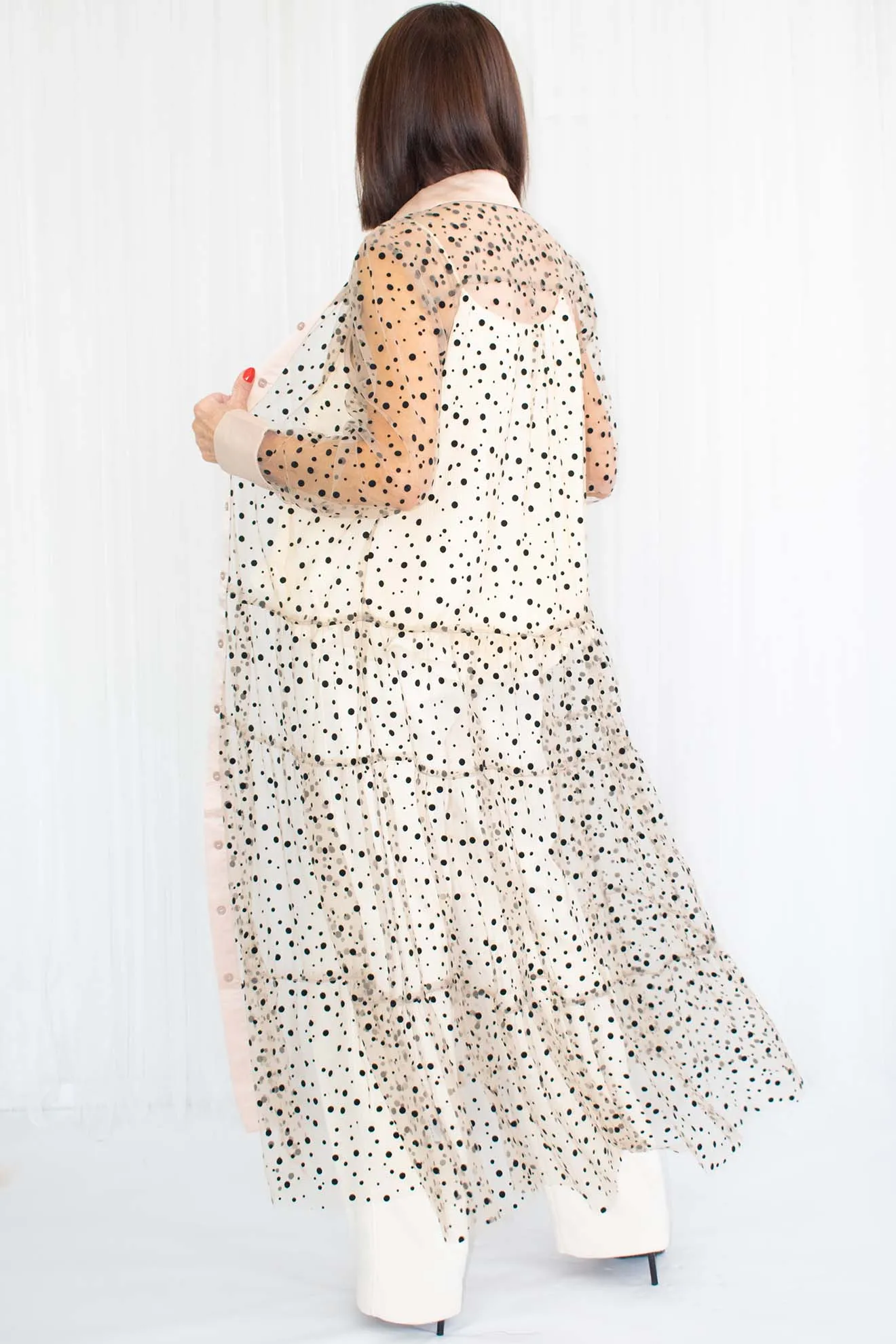 Nala Polka Dot Sheer Shirt/Dress with Satin Finish in Beige