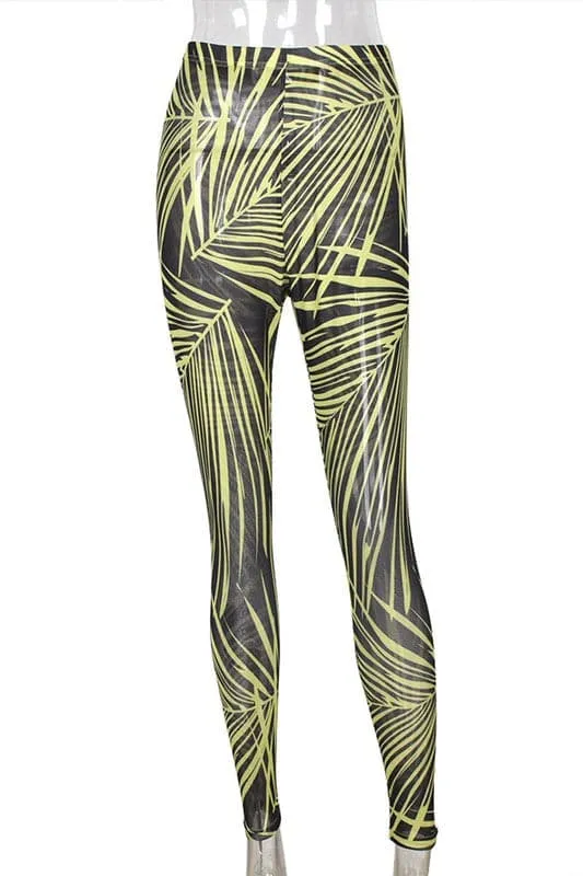 PY370 Leaves Printed Mesh Leggings