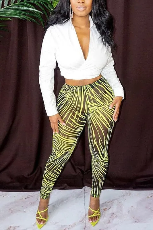 PY370 Leaves Printed Mesh Leggings
