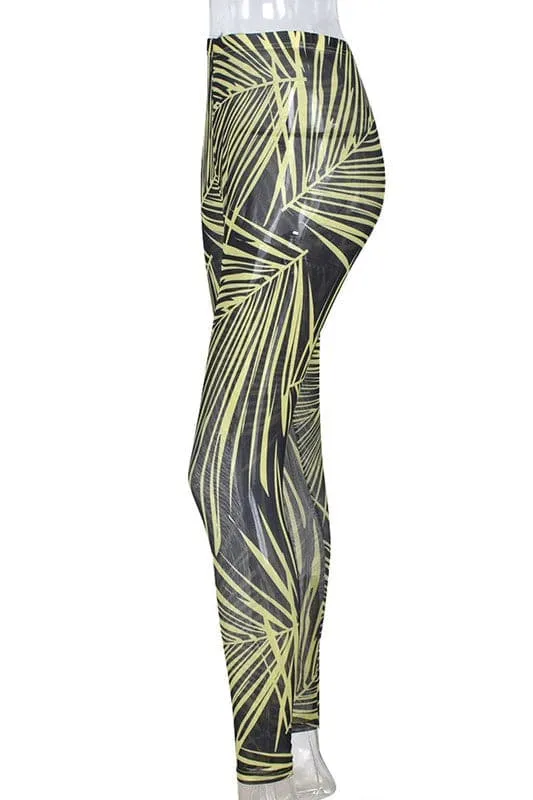 PY370 Leaves Printed Mesh Leggings