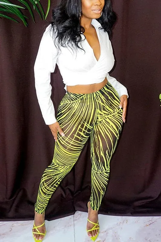 PY370 Leaves Printed Mesh Leggings