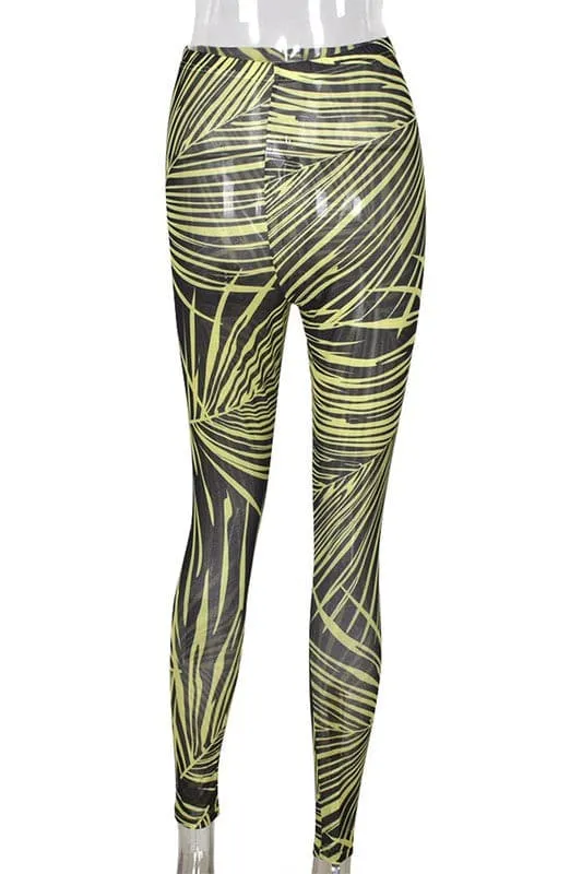 PY370 Leaves Printed Mesh Leggings