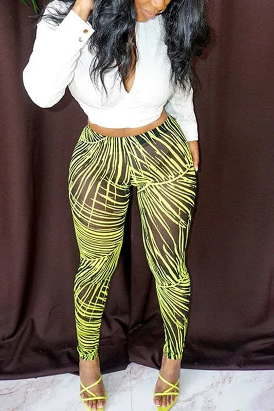 PY370 Leaves Printed Mesh Leggings
