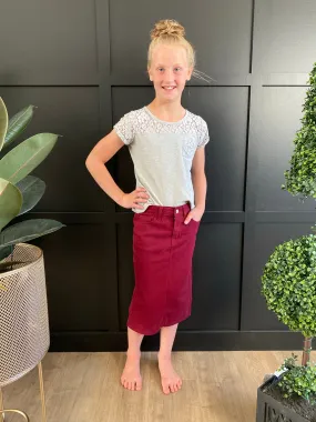 "Natalie" in Wine Girls Mid Length Skirt - CLEARANCE