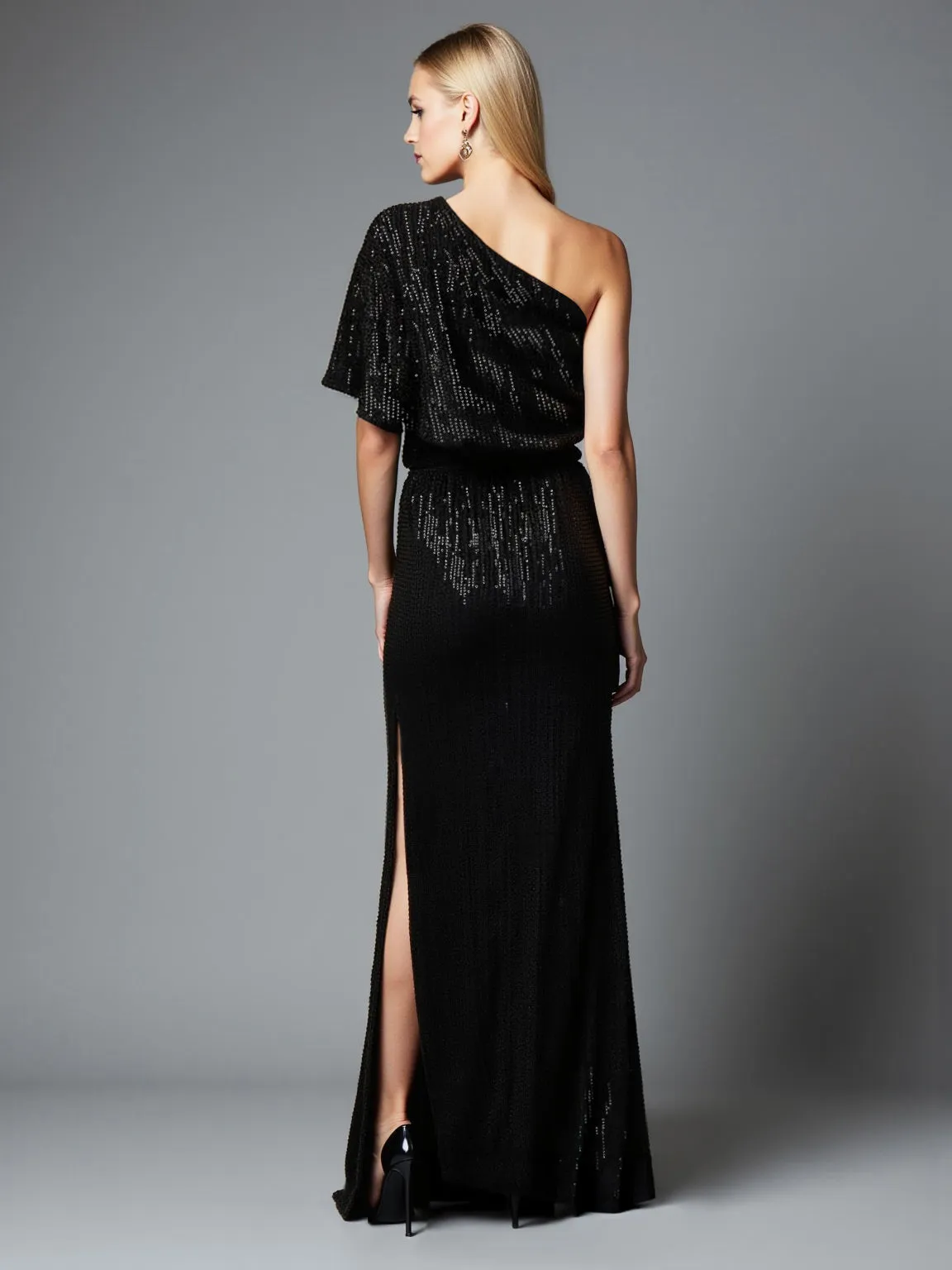 Short Sleeve One Shoulder Sequin Maxi Dress