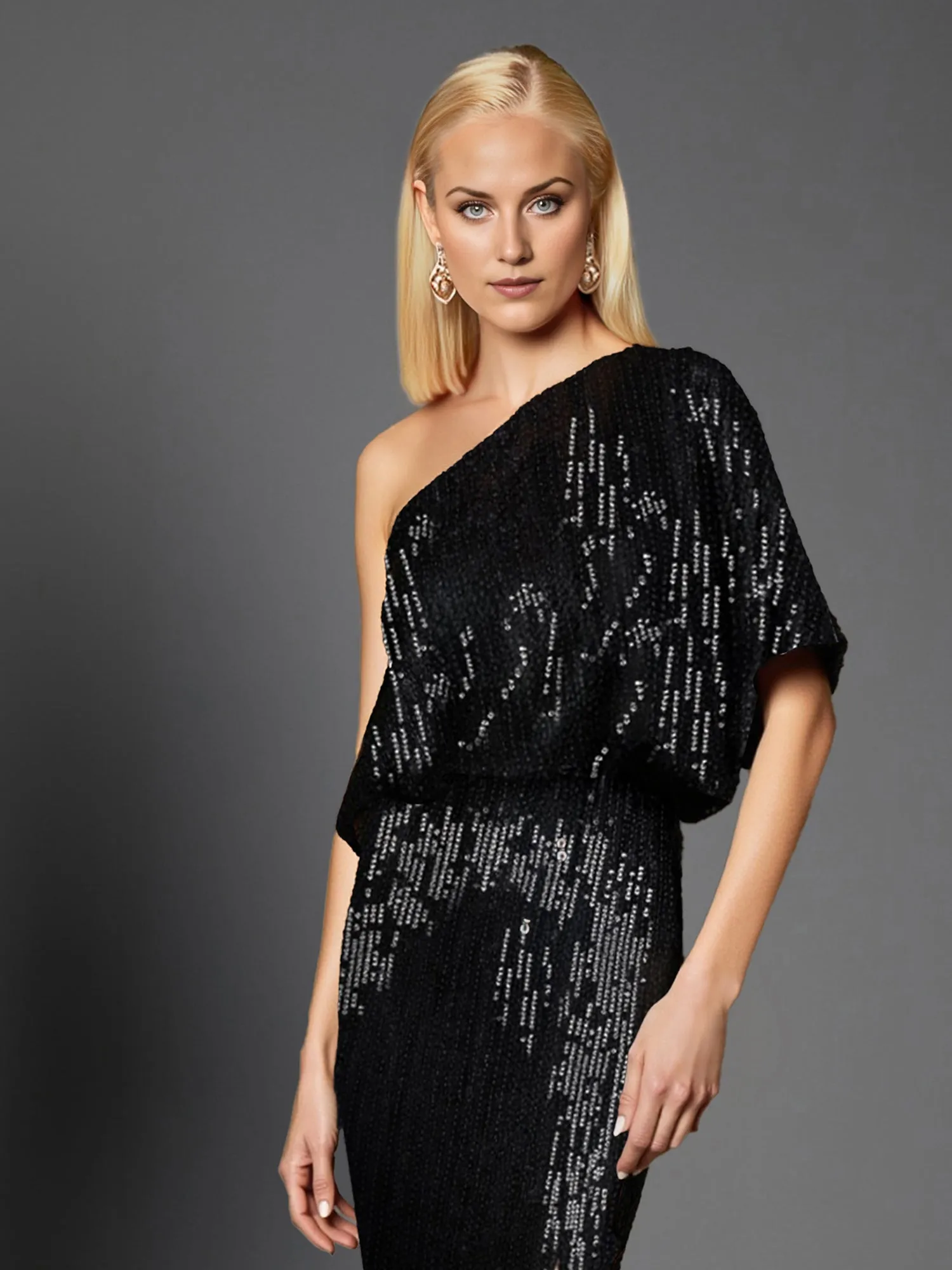 Short Sleeve One Shoulder Sequin Maxi Dress