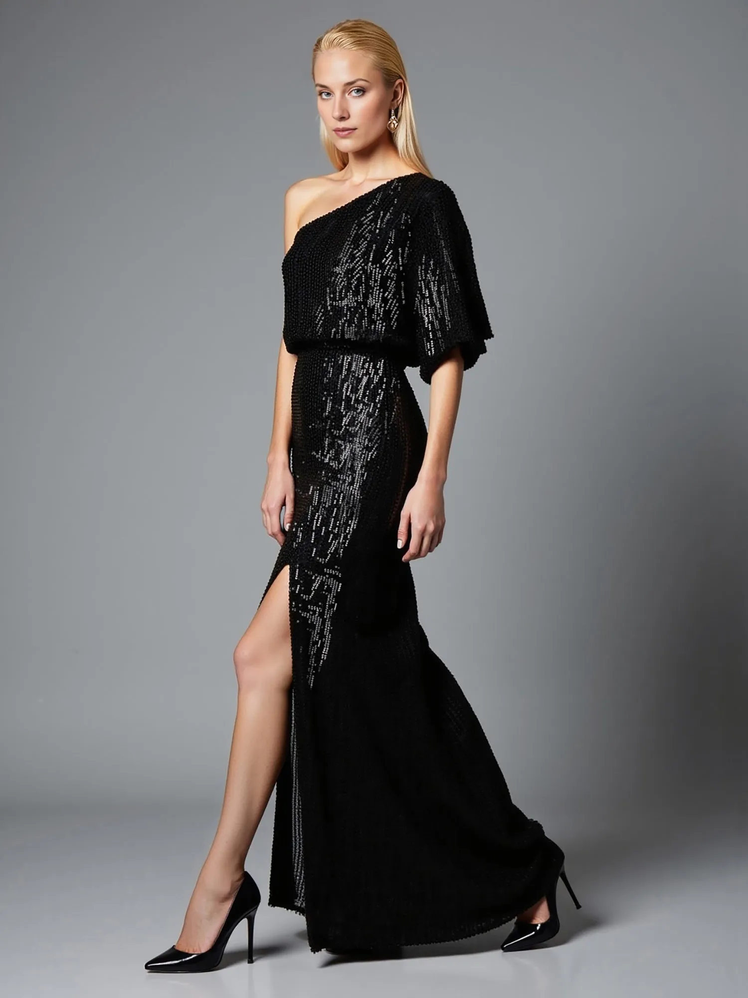 Short Sleeve One Shoulder Sequin Maxi Dress
