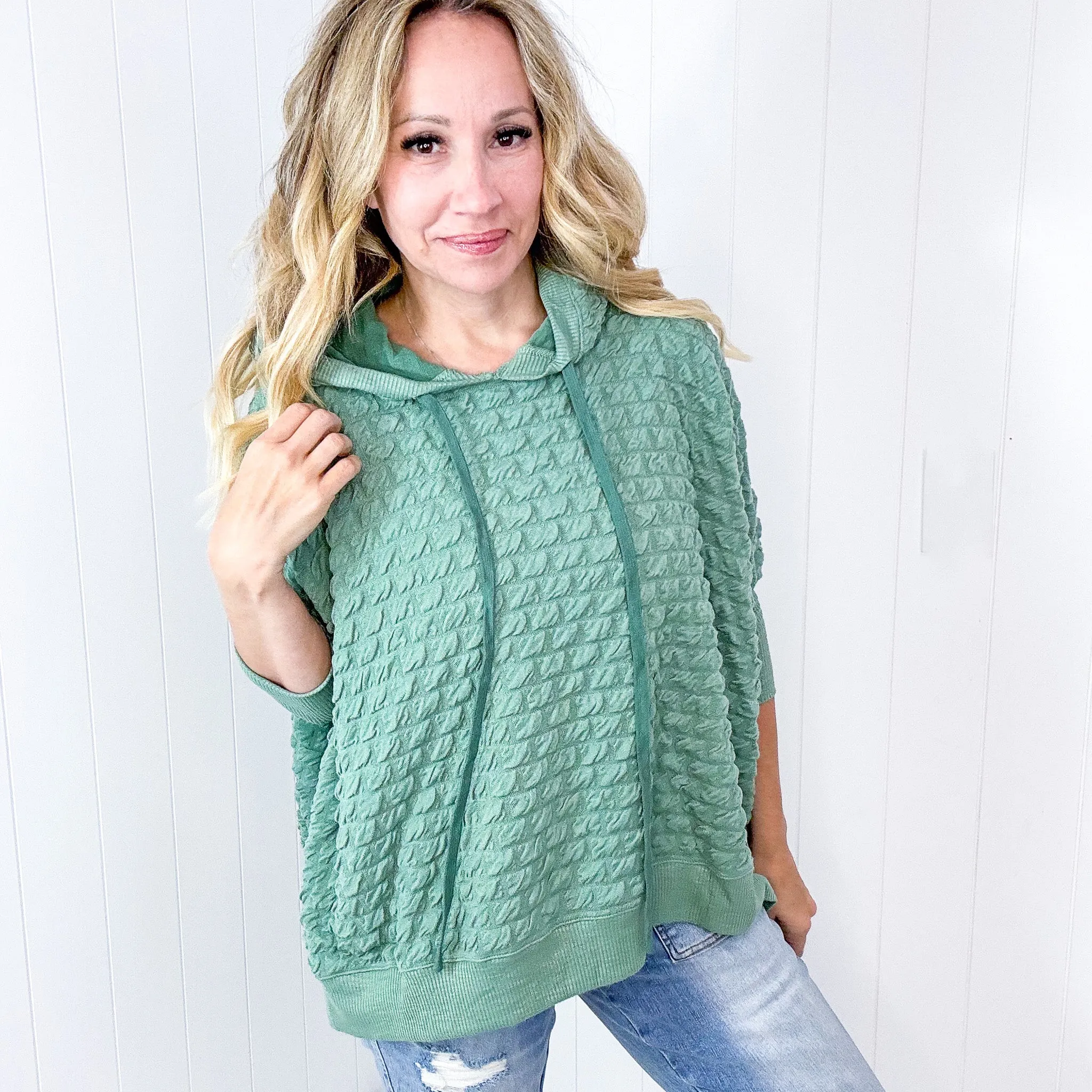 Soft Puff Textured Hacci Knit Teddy Pullover Quarter Sleeve Pullover Hoodie in 3 Colors