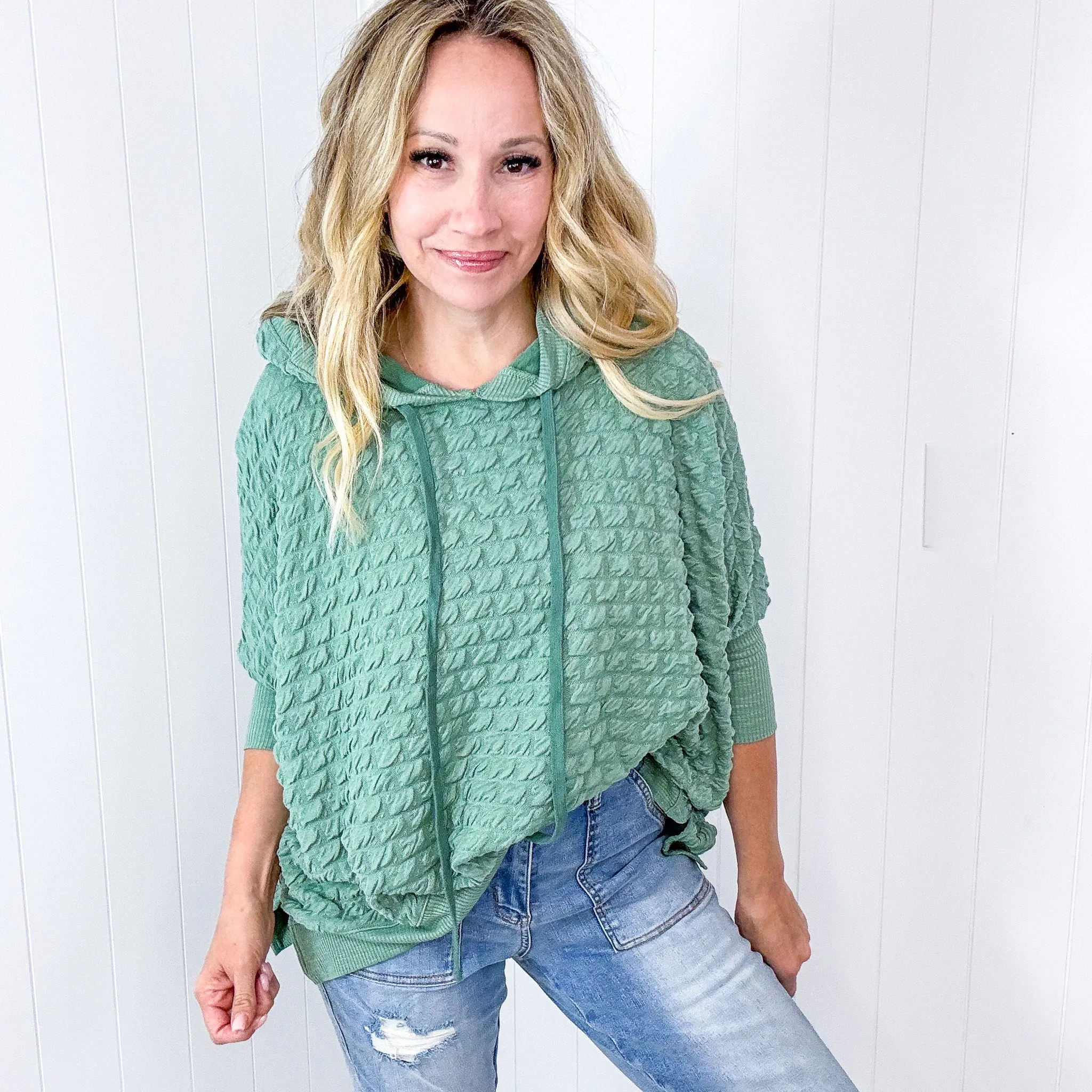 Soft Puff Textured Hacci Knit Teddy Pullover Quarter Sleeve Pullover Hoodie in 3 Colors