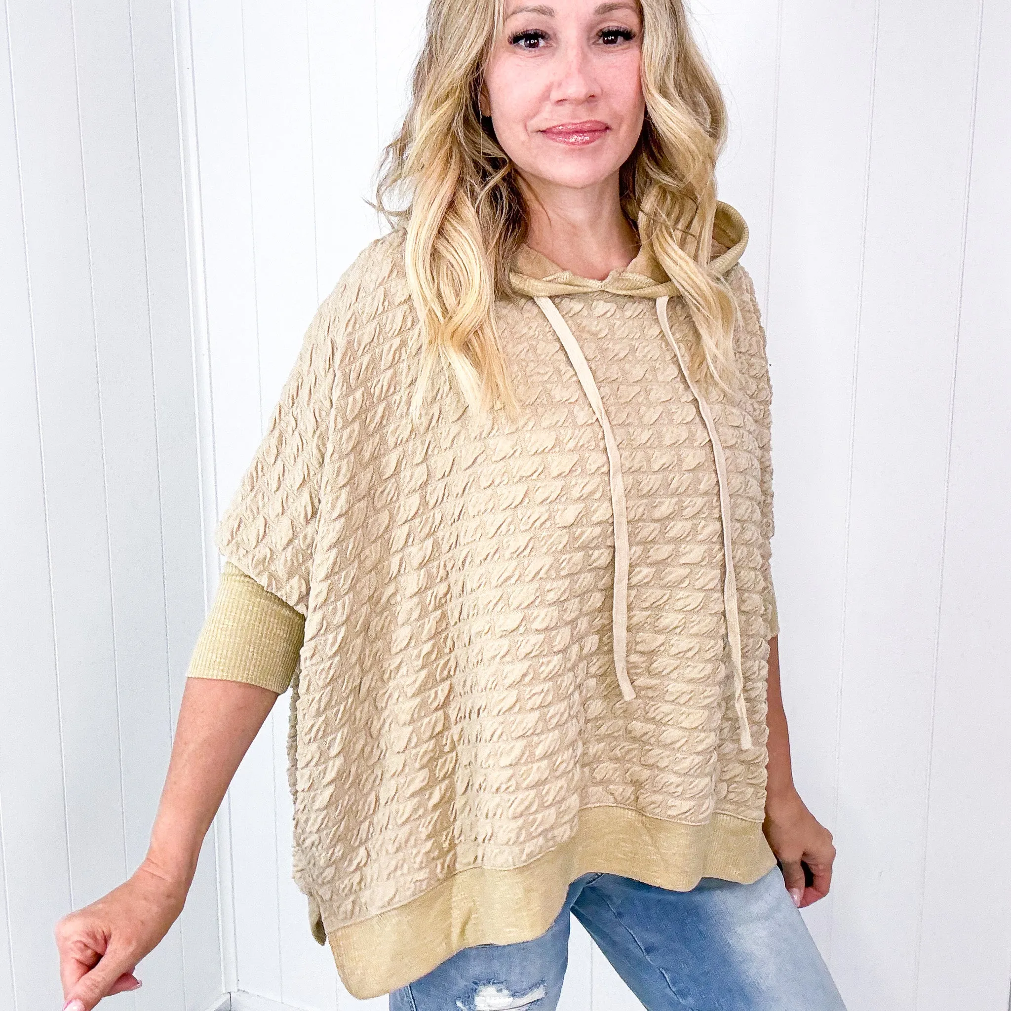 Soft Puff Textured Hacci Knit Teddy Pullover Quarter Sleeve Pullover Hoodie in 3 Colors