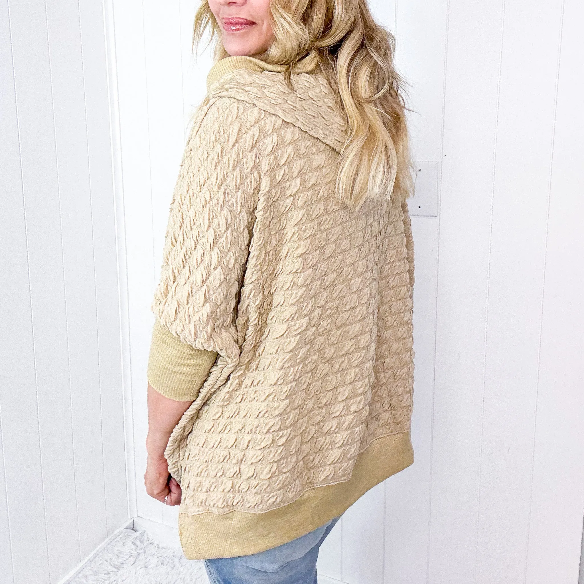 Soft Puff Textured Hacci Knit Teddy Pullover Quarter Sleeve Pullover Hoodie in 3 Colors