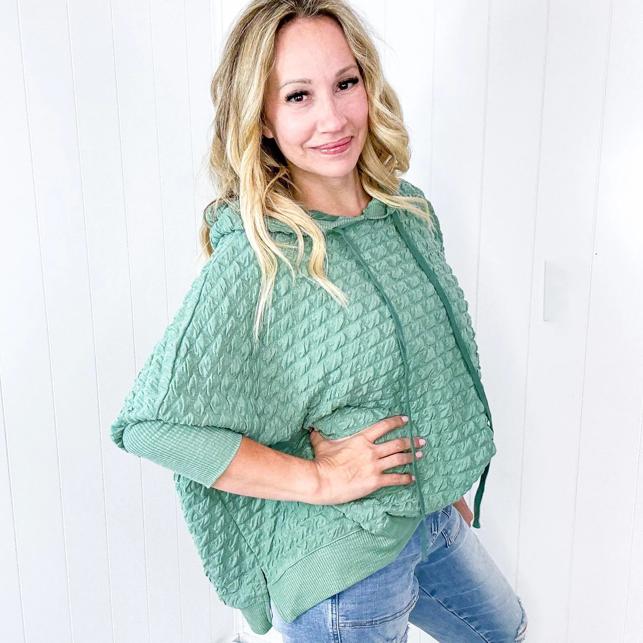 Soft Puff Textured Hacci Knit Teddy Pullover Quarter Sleeve Pullover Hoodie in 3 Colors