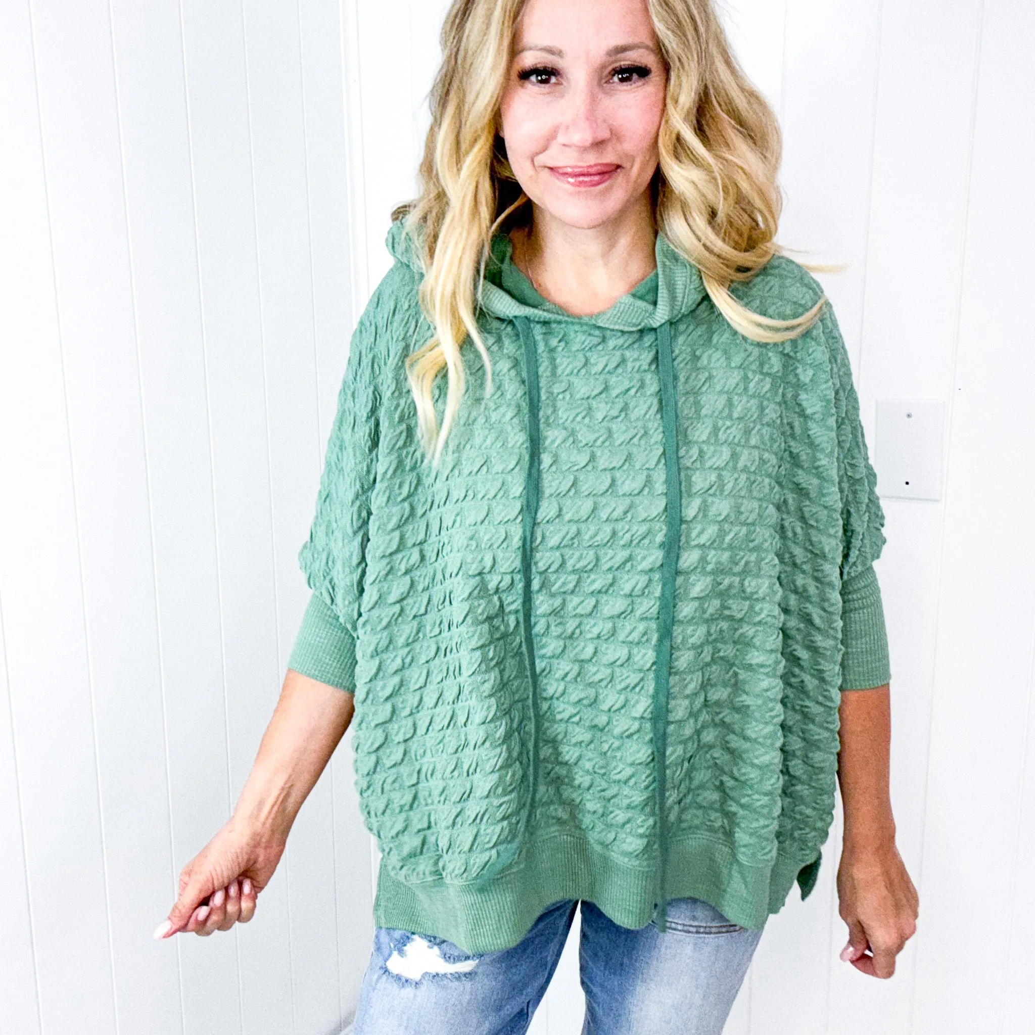Soft Puff Textured Hacci Knit Teddy Pullover Quarter Sleeve Pullover Hoodie in 3 Colors