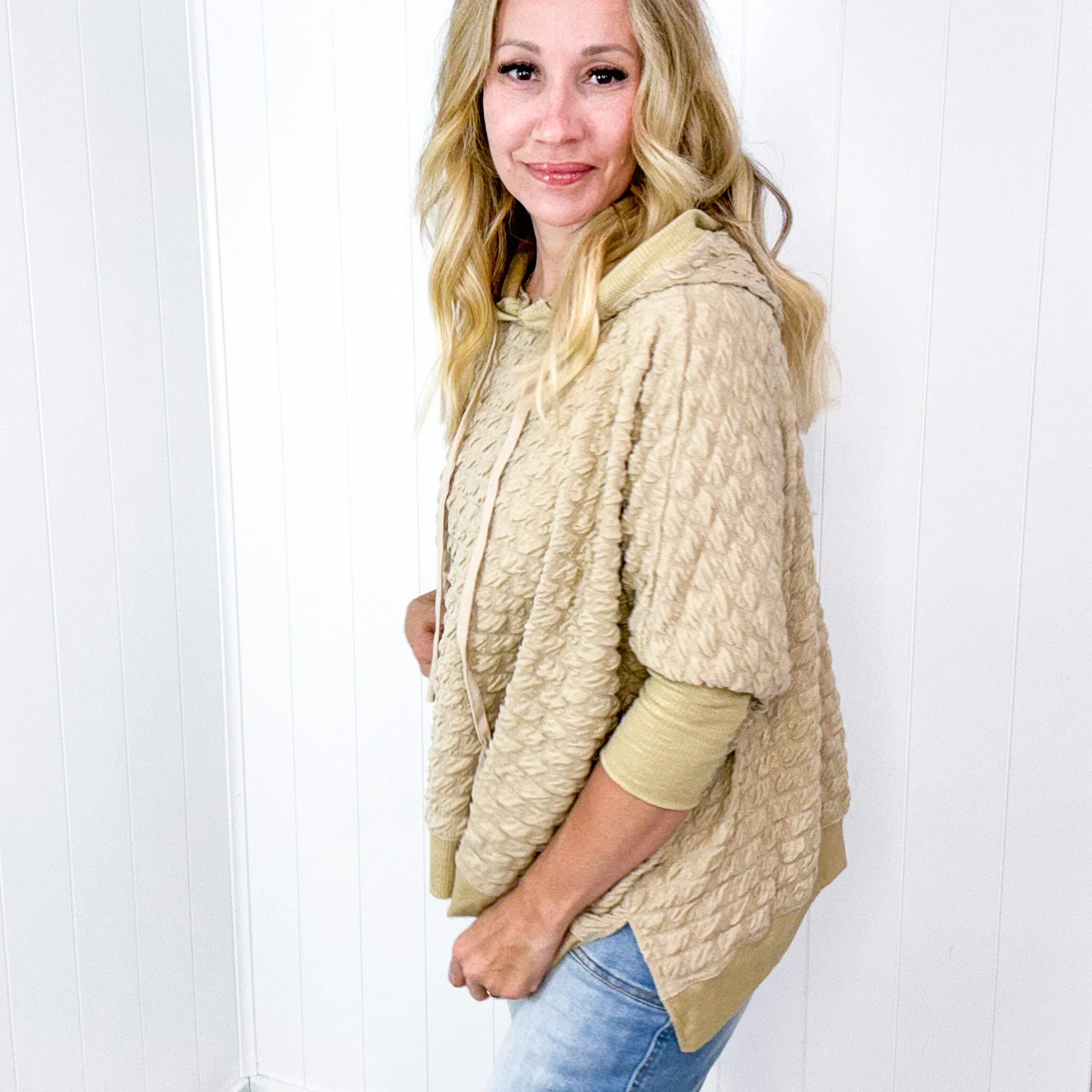Soft Puff Textured Hacci Knit Teddy Pullover Quarter Sleeve Pullover Hoodie in 3 Colors
