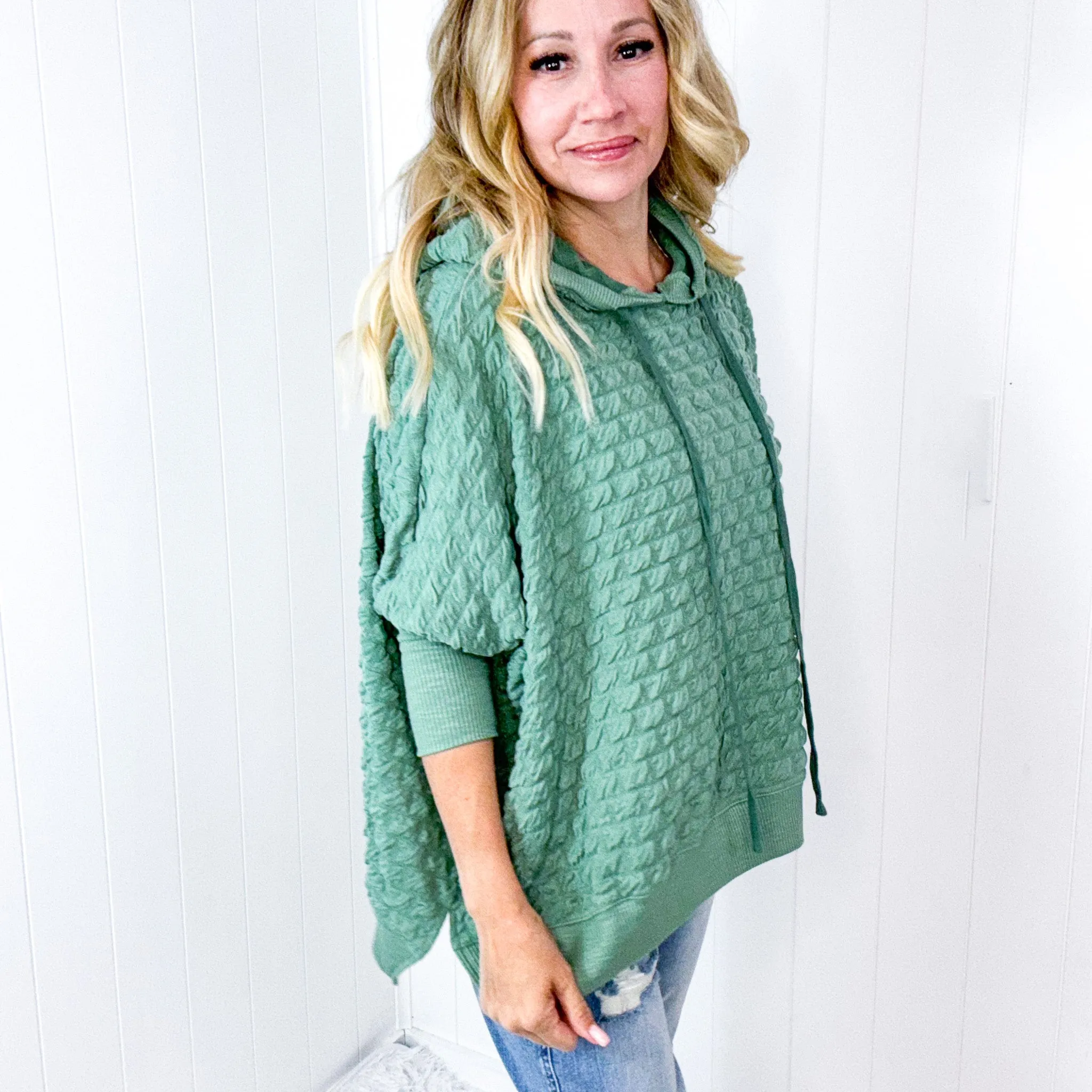 Soft Puff Textured Hacci Knit Teddy Pullover Quarter Sleeve Pullover Hoodie in 3 Colors