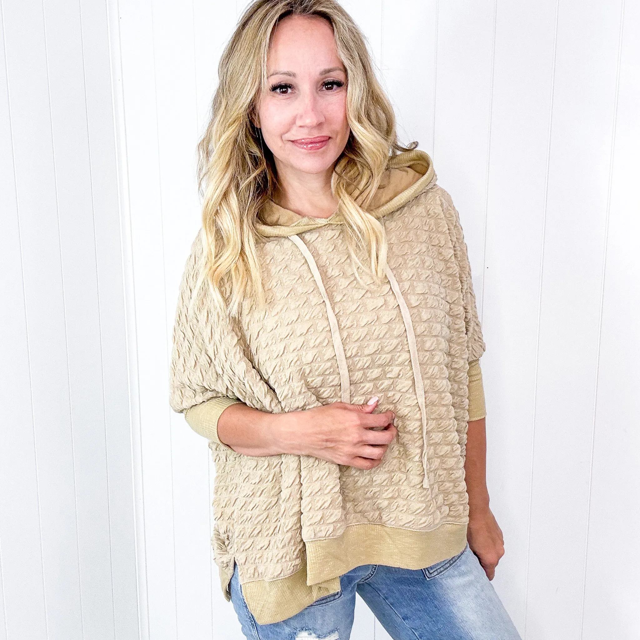 Soft Puff Textured Hacci Knit Teddy Pullover Quarter Sleeve Pullover Hoodie in 3 Colors