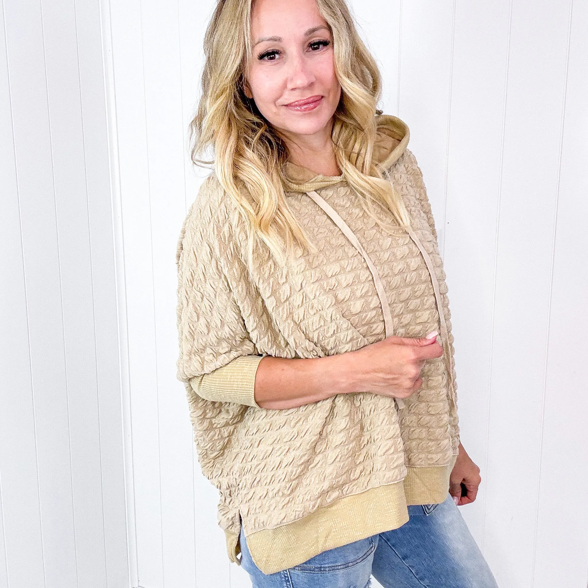 Soft Puff Textured Hacci Knit Teddy Pullover Quarter Sleeve Pullover Hoodie in 3 Colors