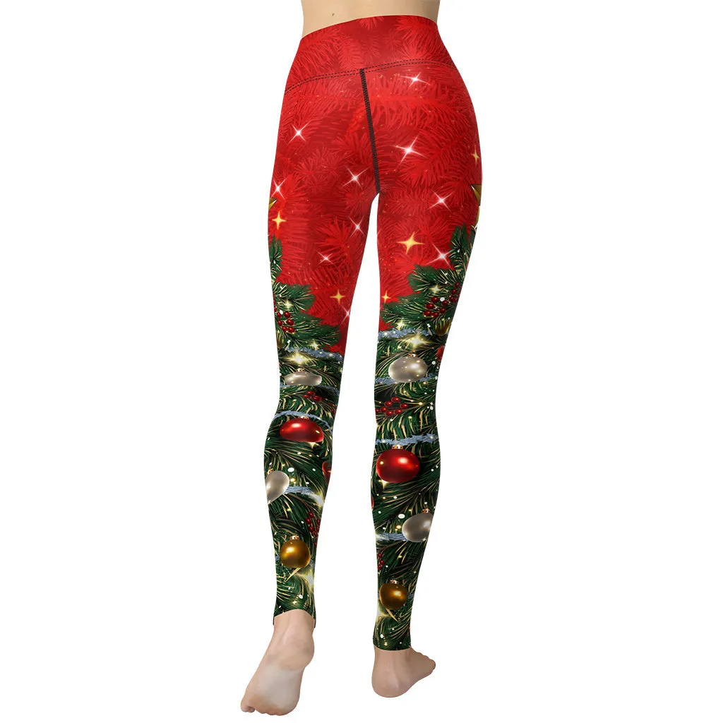 Sparkly Print Christmas Tree Yoga Leggings