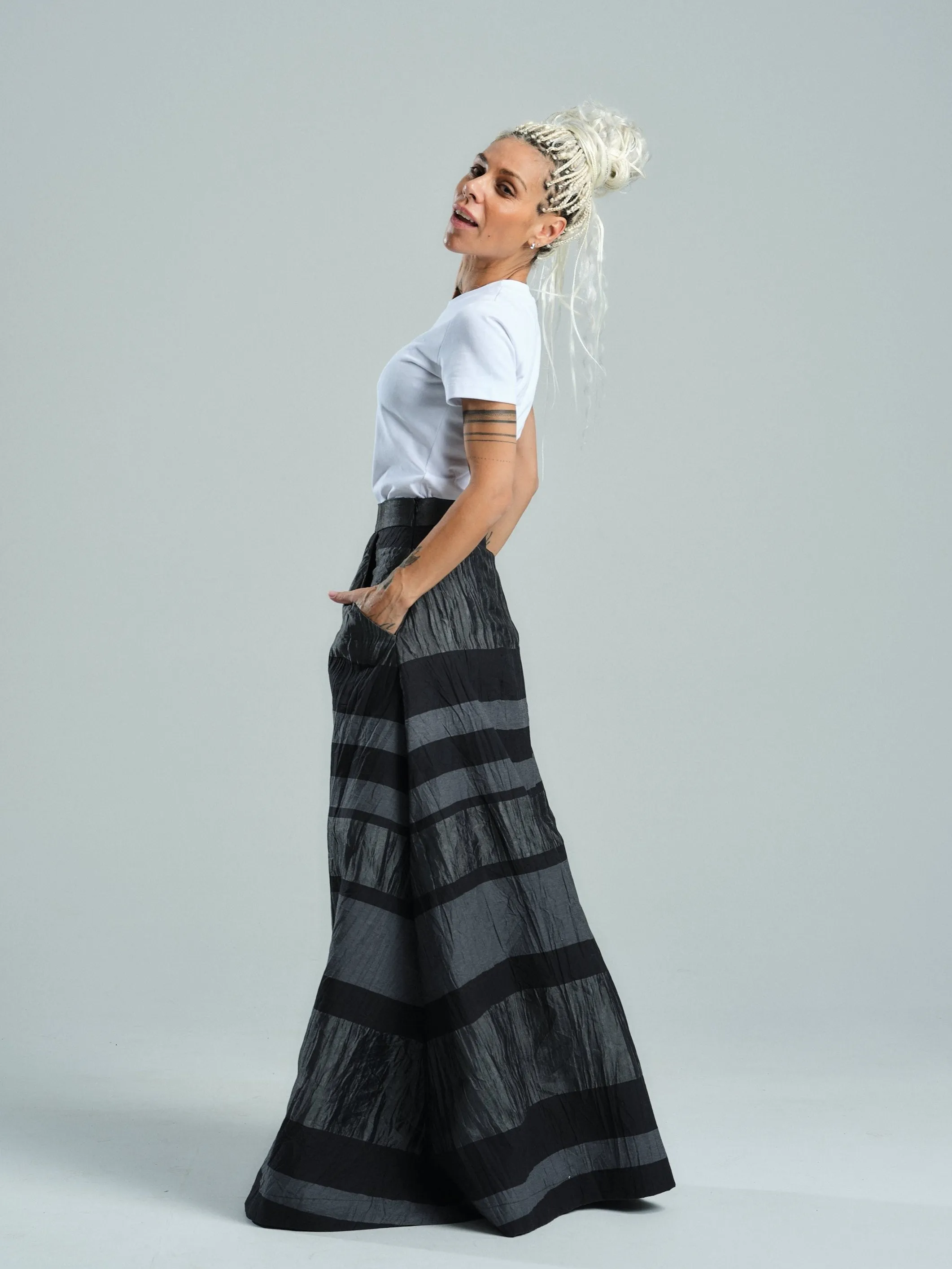 Striped Pleated Maxi Skirt