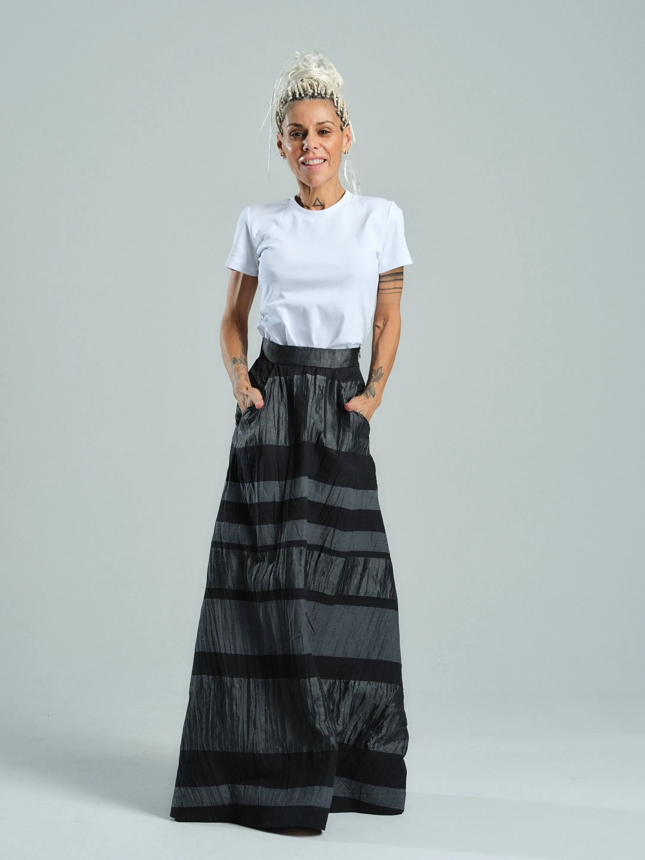 Striped Pleated Maxi Skirt