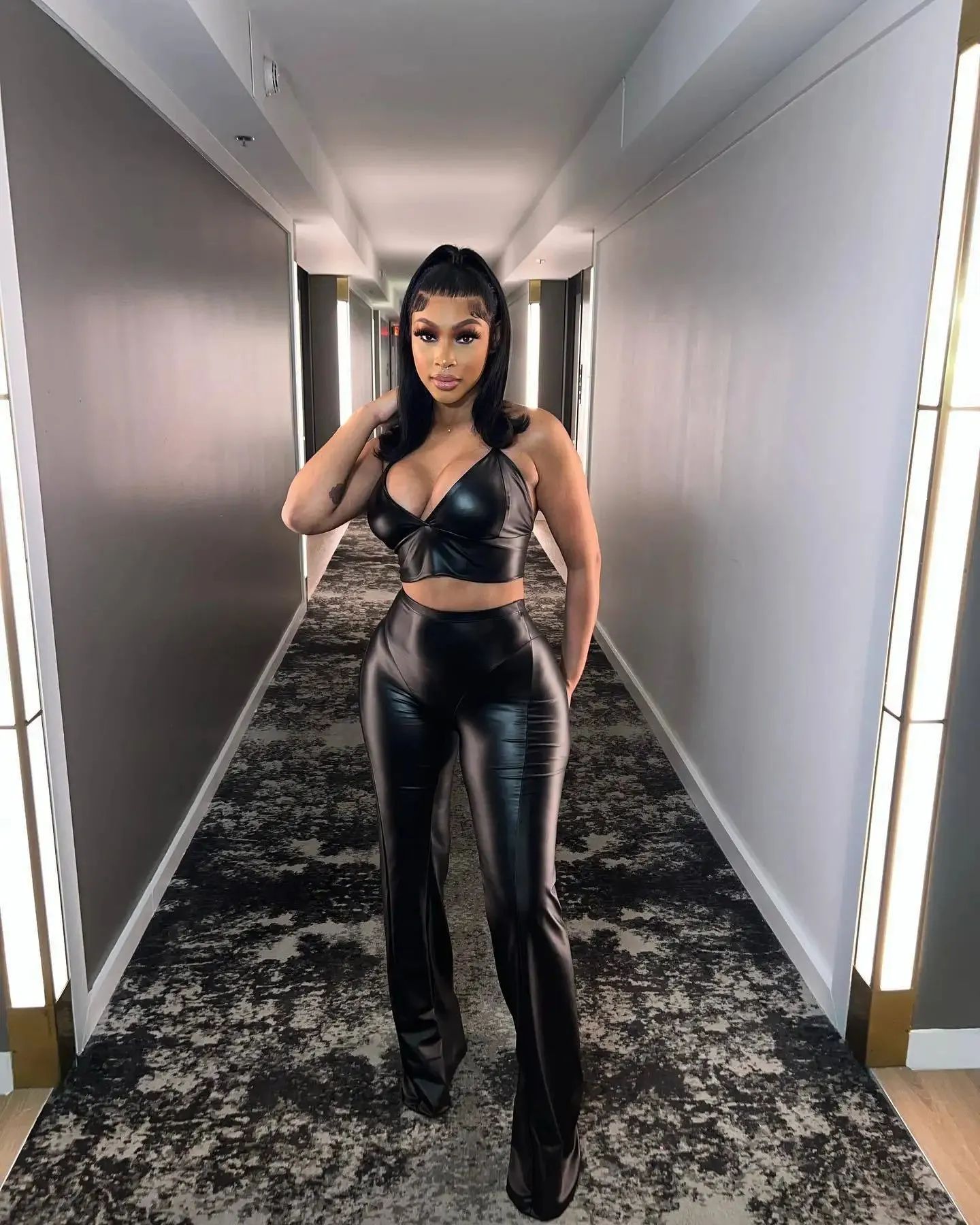 Trend4us Glossy Black Faux Leather Outfit Sets
