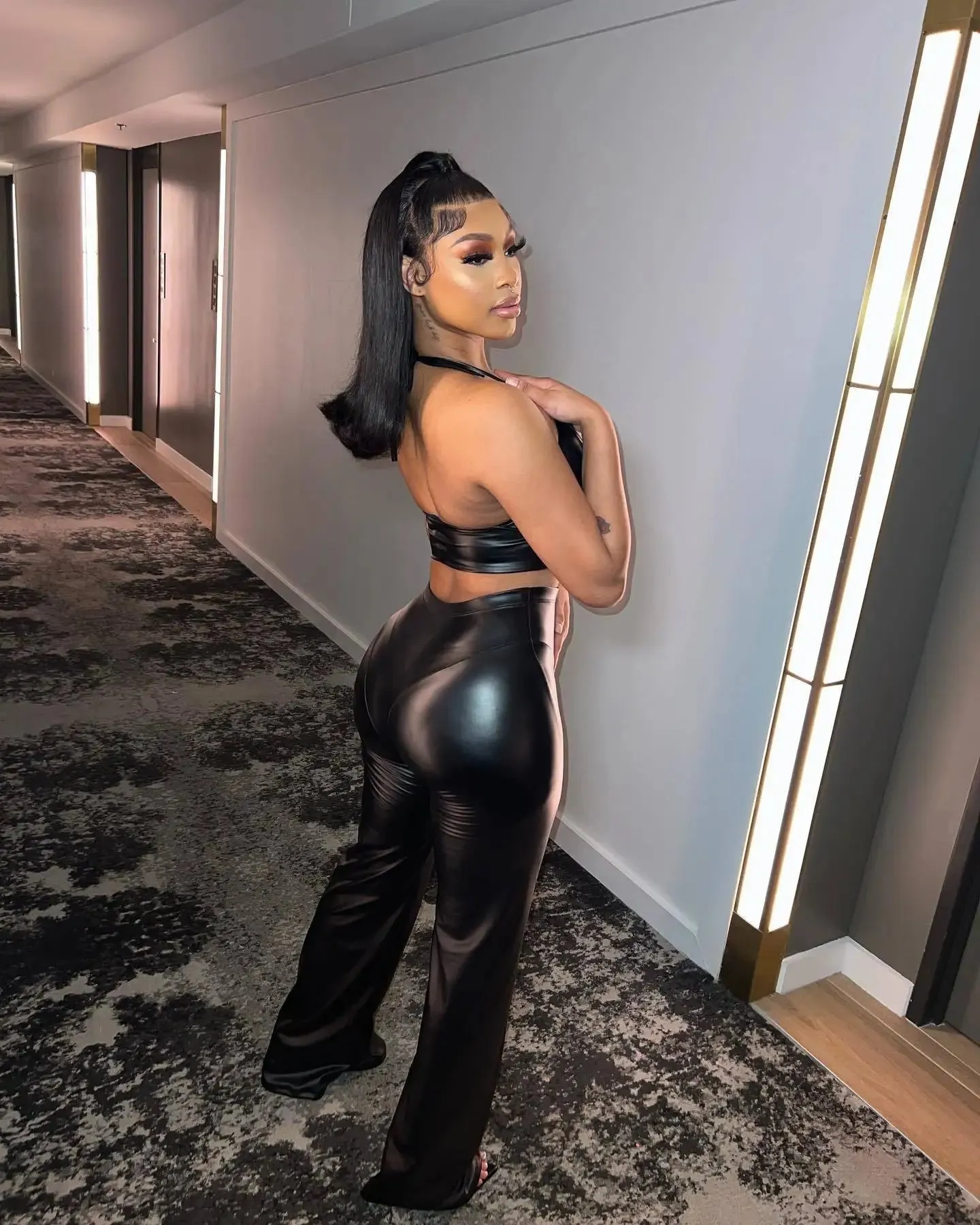 Trend4us Glossy Black Faux Leather Outfit Sets