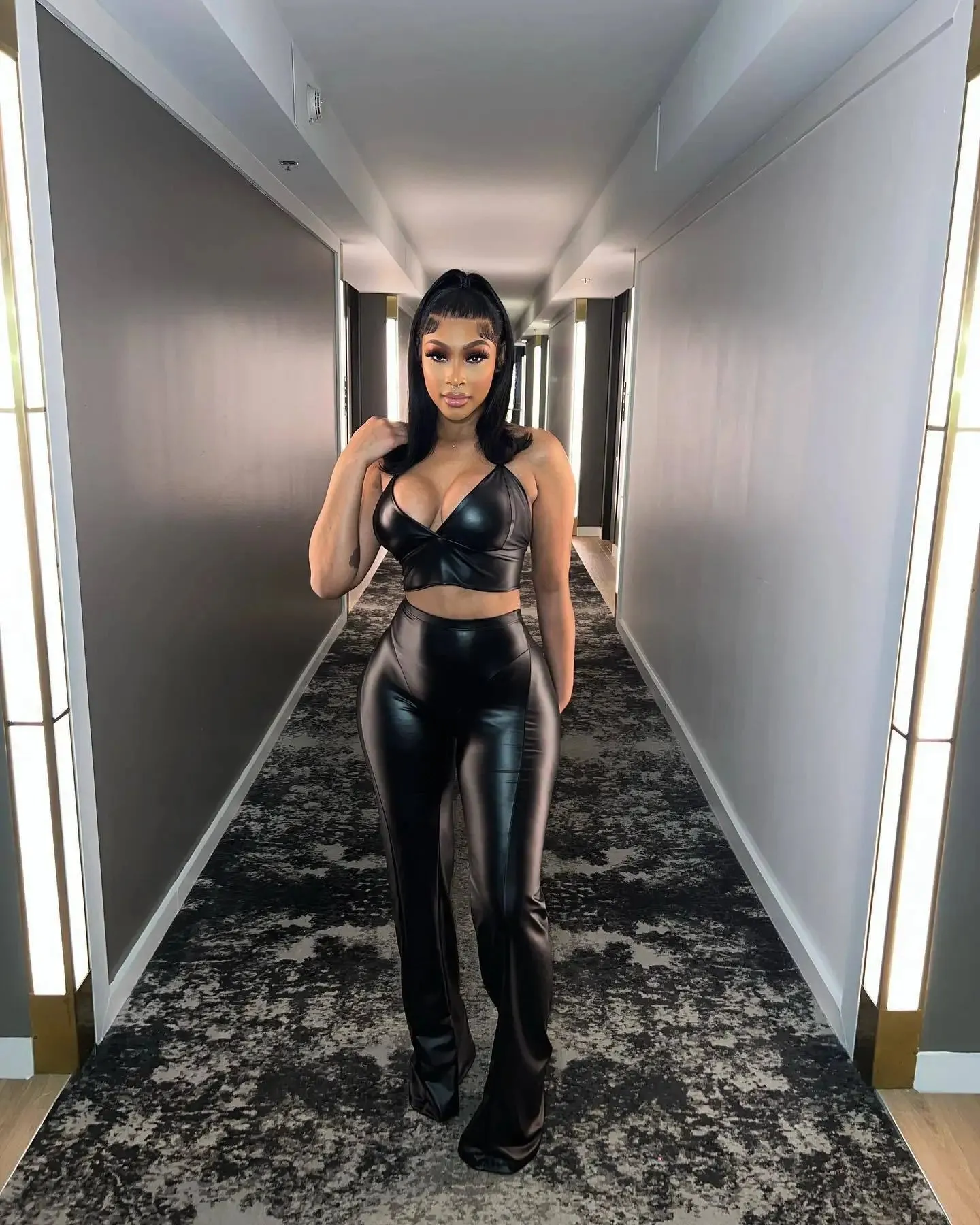 Trend4us Glossy Black Faux Leather Outfit Sets