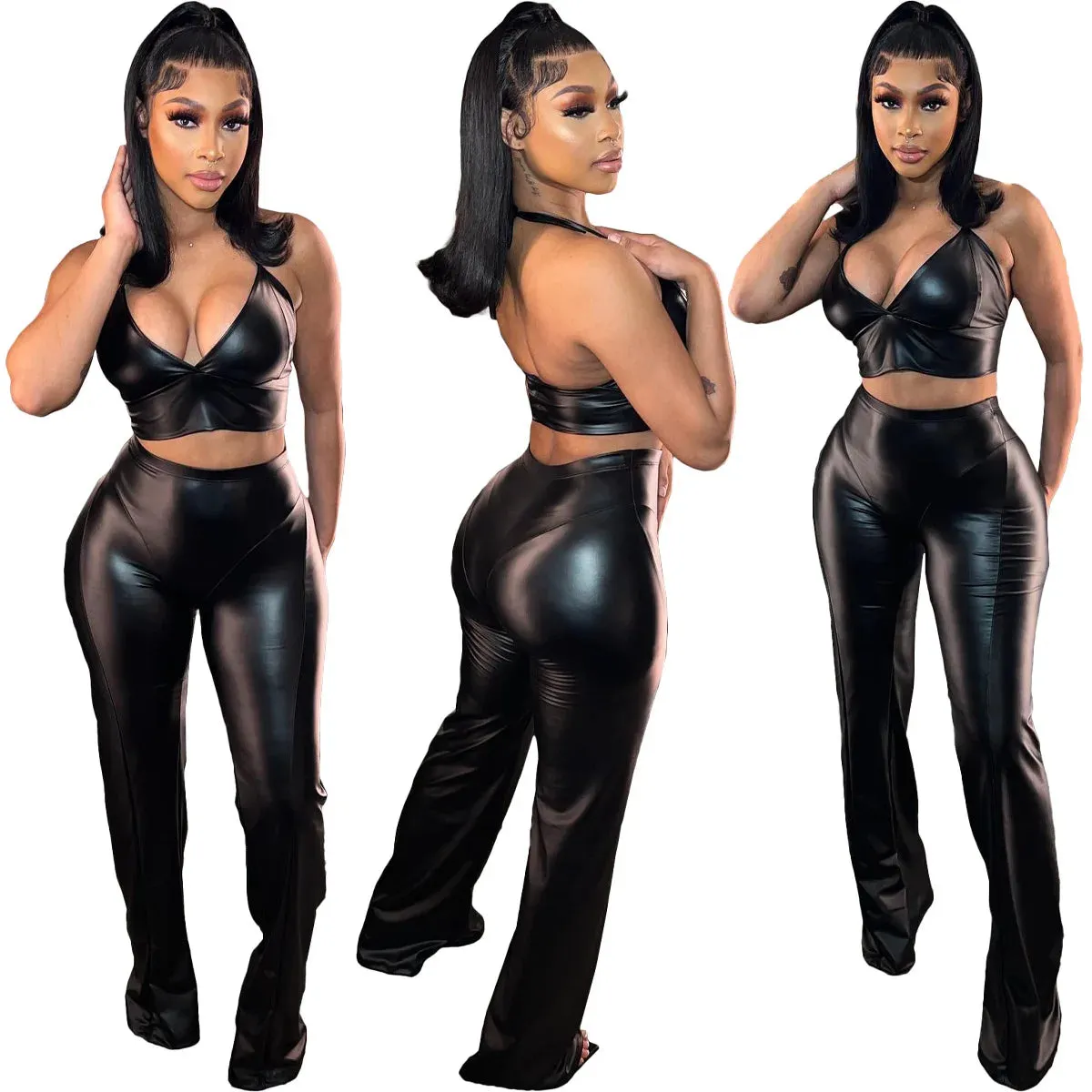 Trend4us Glossy Black Faux Leather Outfit Sets