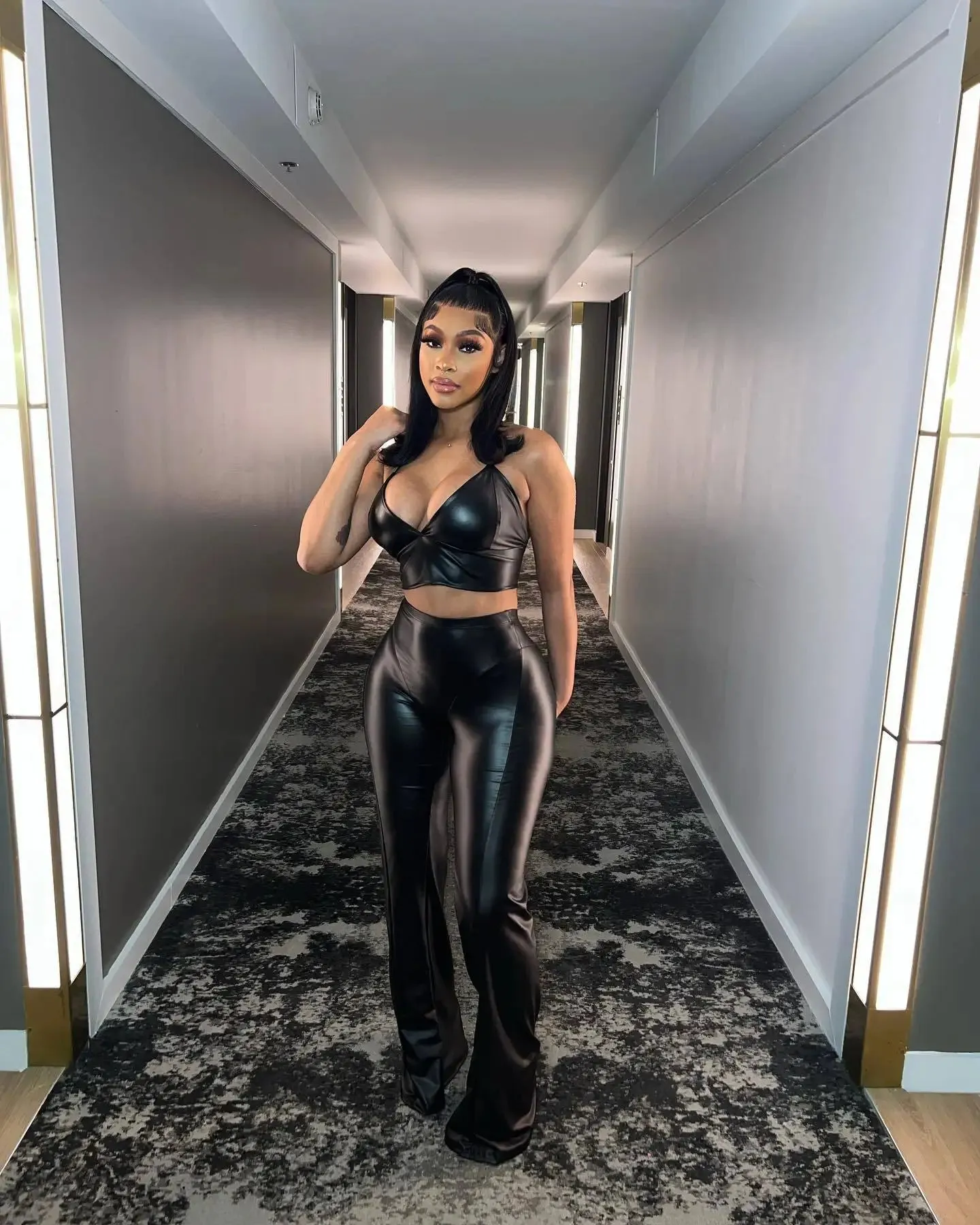 Trend4us Glossy Black Faux Leather Outfit Sets