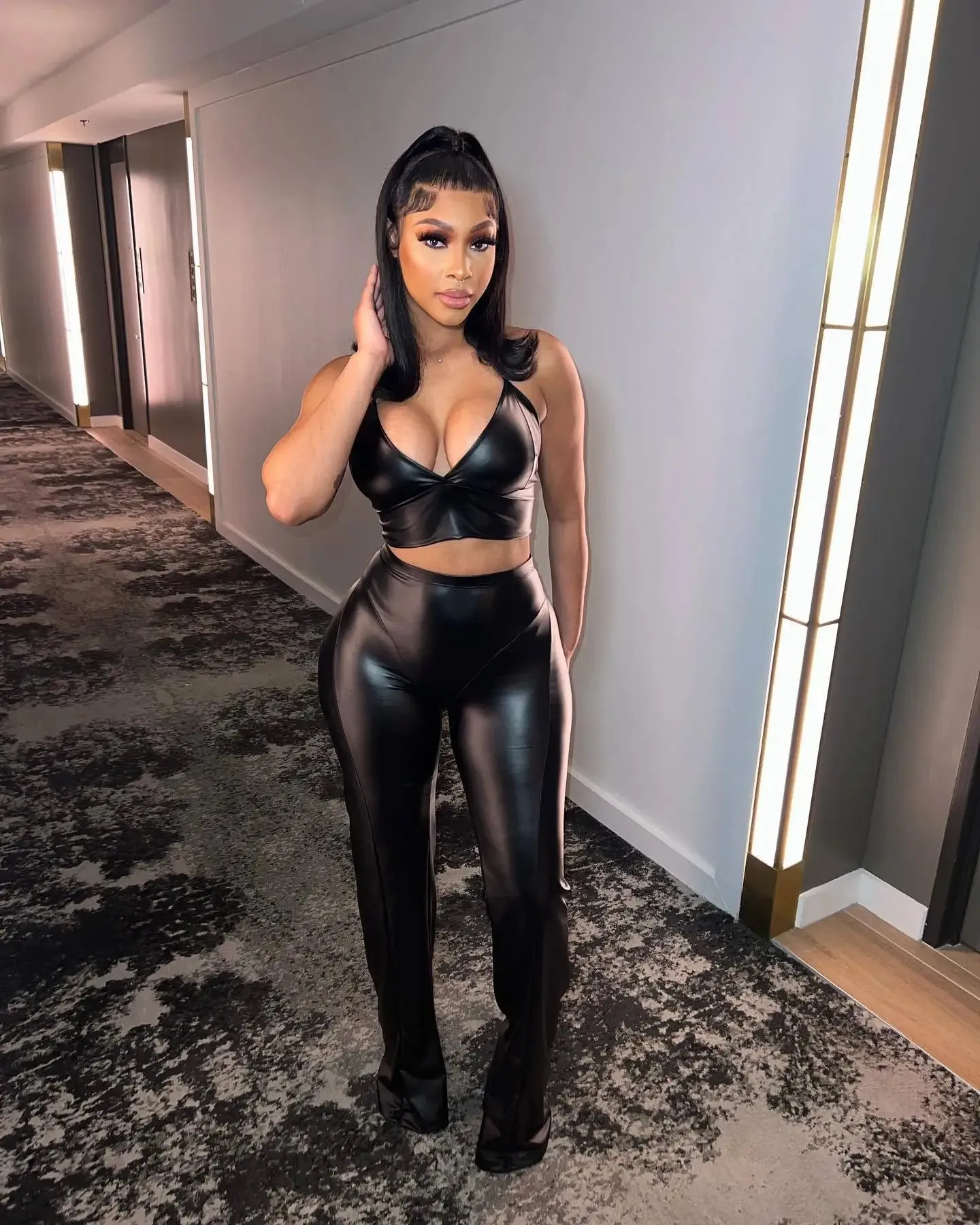 Trend4us Glossy Black Faux Leather Outfit Sets