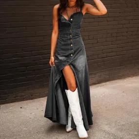 Western Denim Maxi Dress with Front Slit