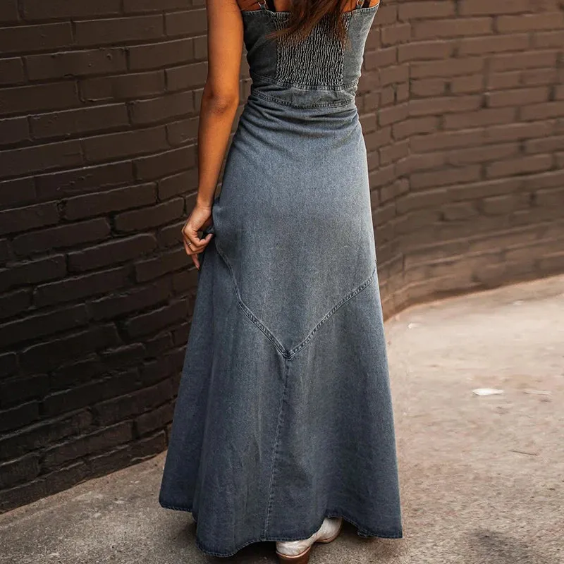 Western Denim Maxi Dress with Front Slit