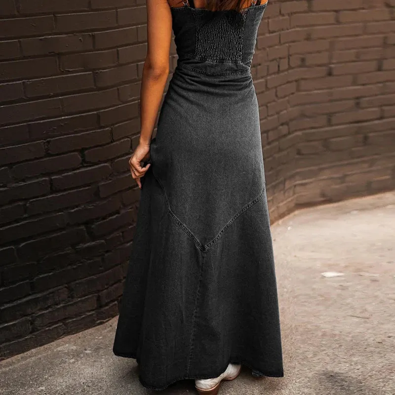 Western Denim Maxi Dress with Front Slit