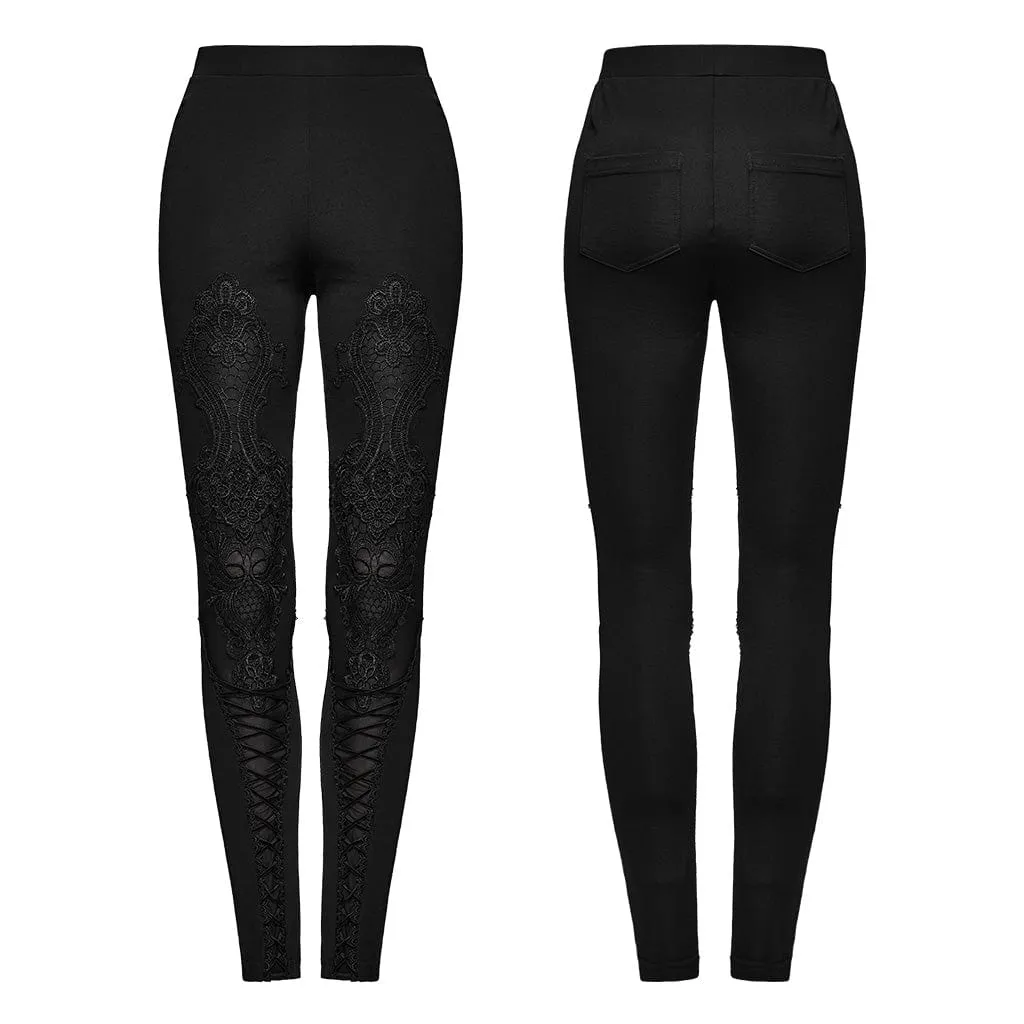 Women's Gothic Floral Embroidered Lace-up Leggings