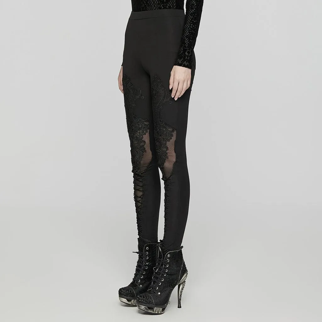 Women's Gothic Floral Embroidered Lace-up Leggings